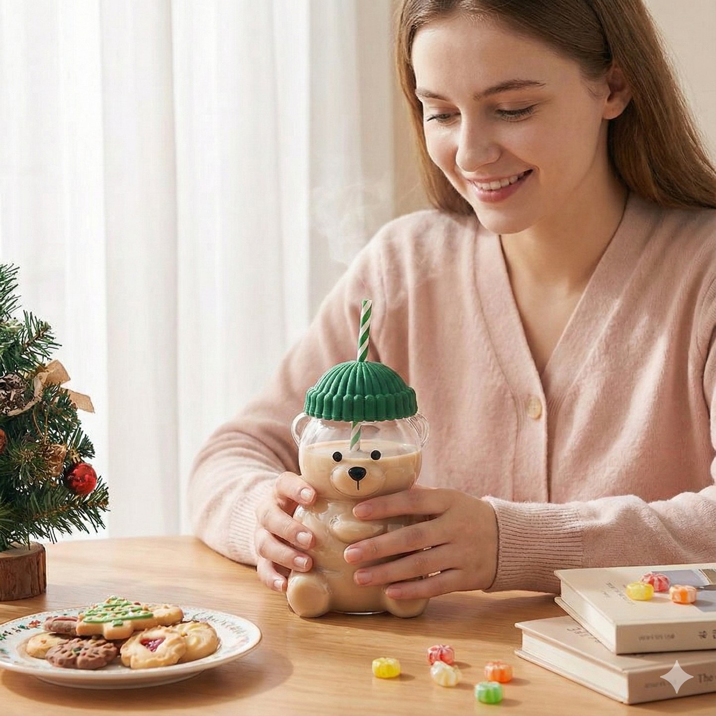 🐻✨   Holiday Bear Glass Cup with Straw❄️ | Festive Coffee & Beverage Glass 🎅🧸