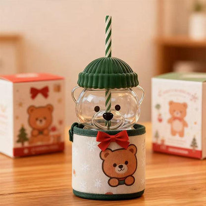 🐻✨   Holiday Bear Glass Cup with Straw❄️ | Festive Coffee & Beverage Glass 🎅🧸