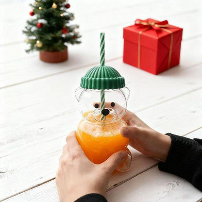 🐻✨   Holiday Bear Glass Cup with Straw❄️ | Festive Coffee & Beverage Glass 🎅🧸
